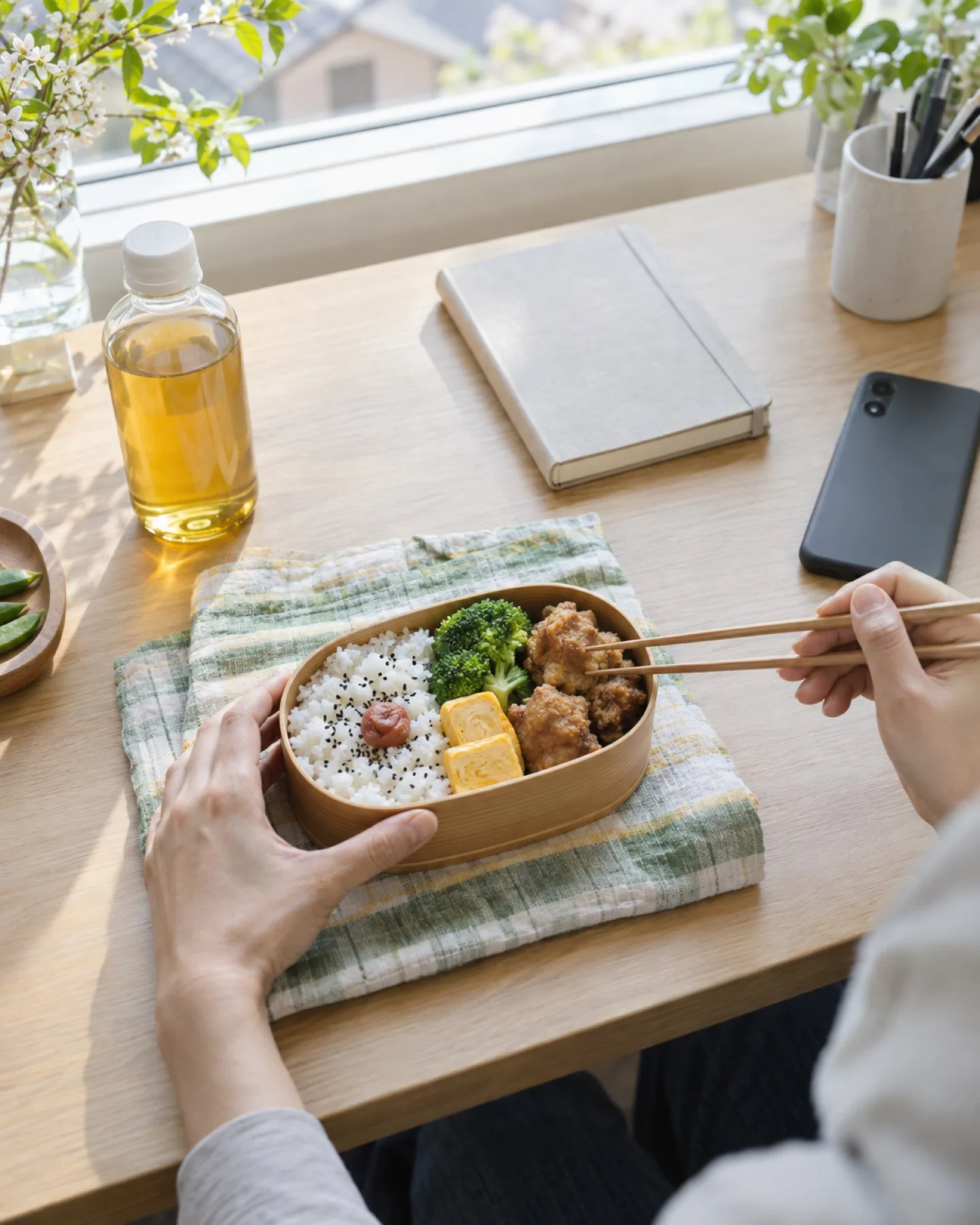 窓辺の机で、手作りのお弁当を食べている（イメージ・見本）