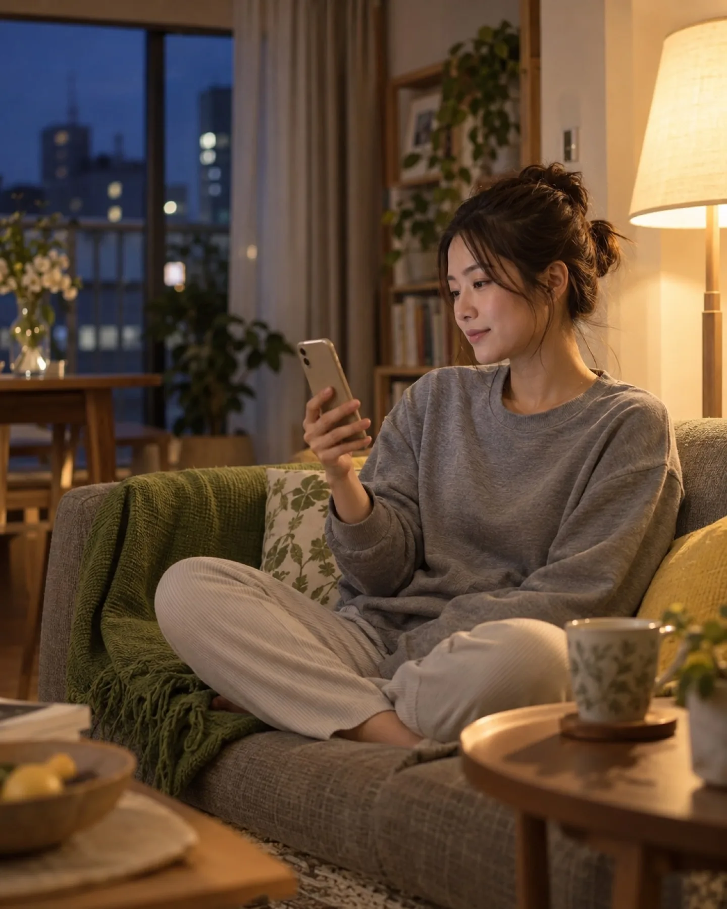 夜、ソファでスマートフォンを見る女性。横にフロアランプ（イメージ・見本）