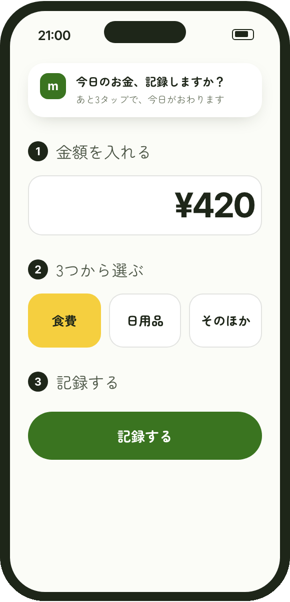 記録の画面（見本）。21時の通知「今日のお金、記録しますか？」、1 金額を入れる 420円、2 食費・日用品・そのほかの3つから選ぶ、3 記録するボタン