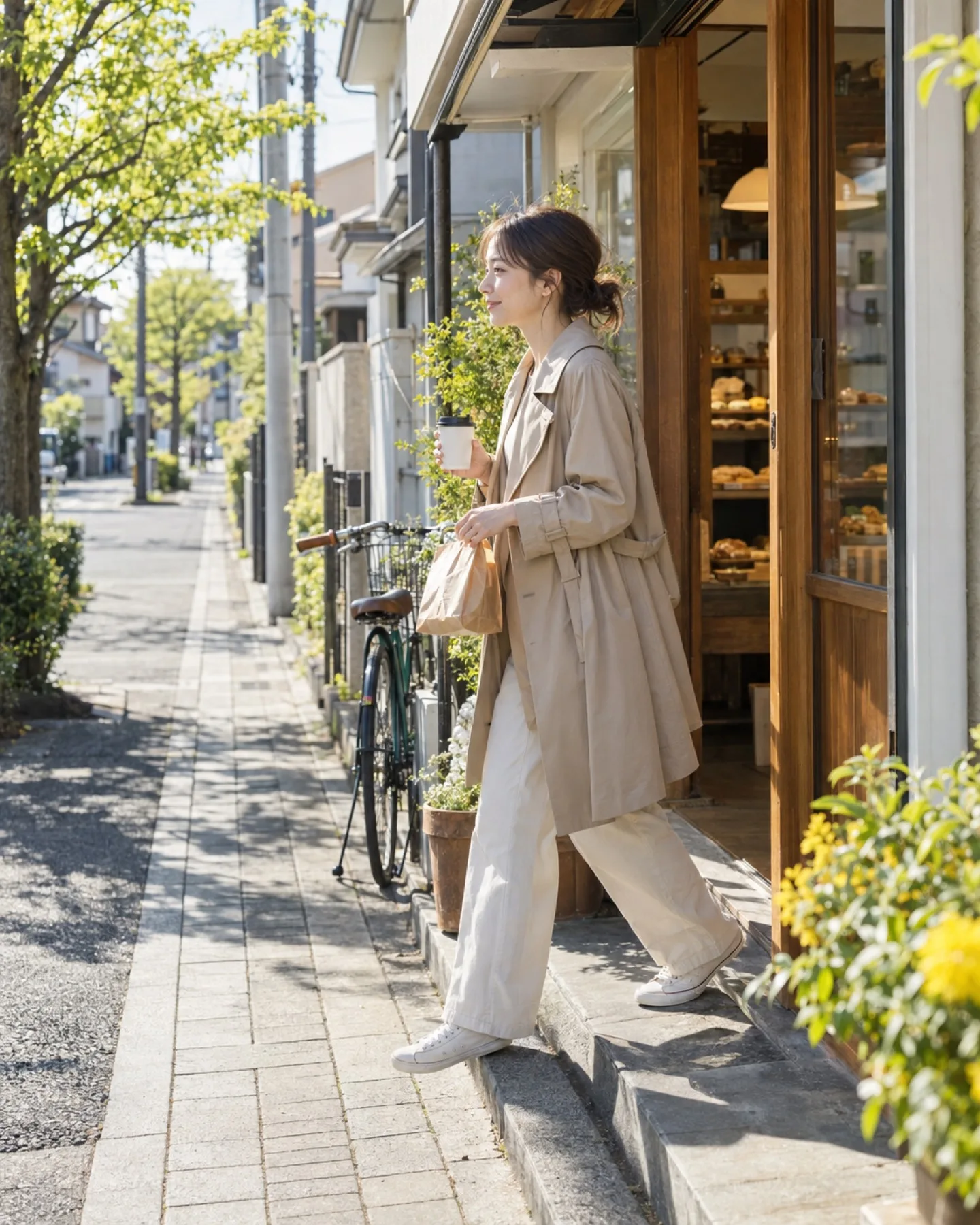 朝、パン屋からコーヒーを持って出てくる女性（イメージ・見本）