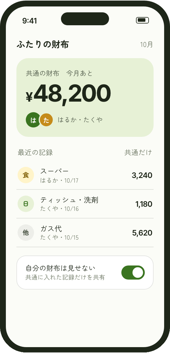 ふたりの財布の画面（見本）。共通の財布の今月あと48,200円、ふたりの最近の記録、自分の財布は見せない設定